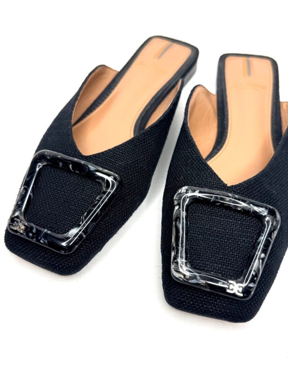 SAM EDELMAN Lavina Tweed Marbled Buckle Square Toe Slip On Mule Loafers 6 Black